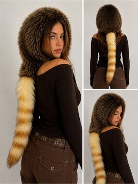 Brown Faux Fur Hood with Tail